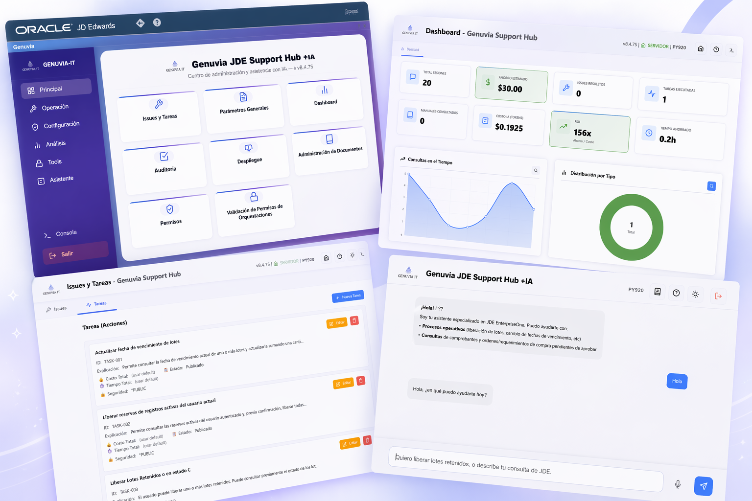 Genuvia JDE Support Hub — Interfaz del producto